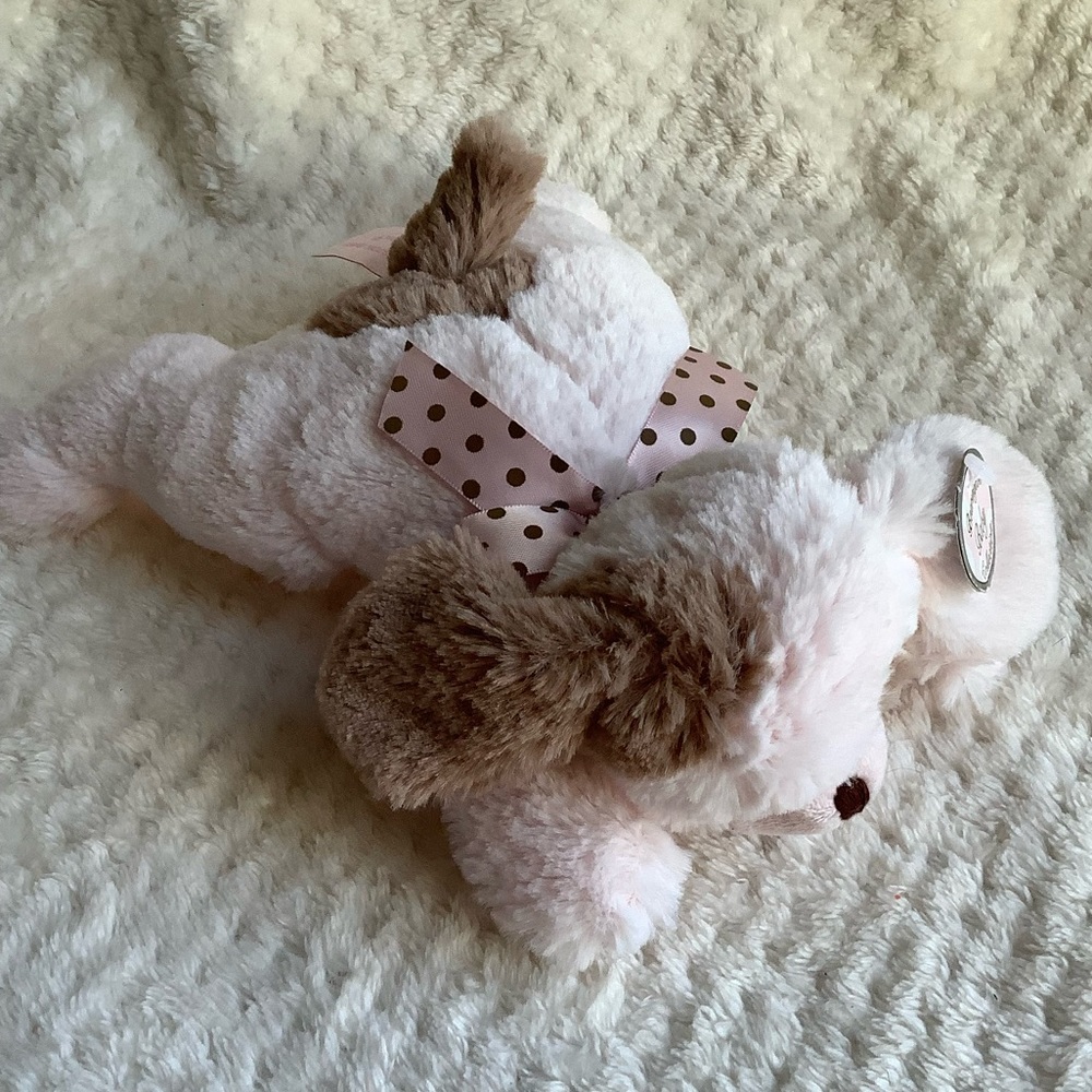 Bearington Baby Wiggles Pink Brown Plush Dog Rattle Stuffed Animal Toy w Tags